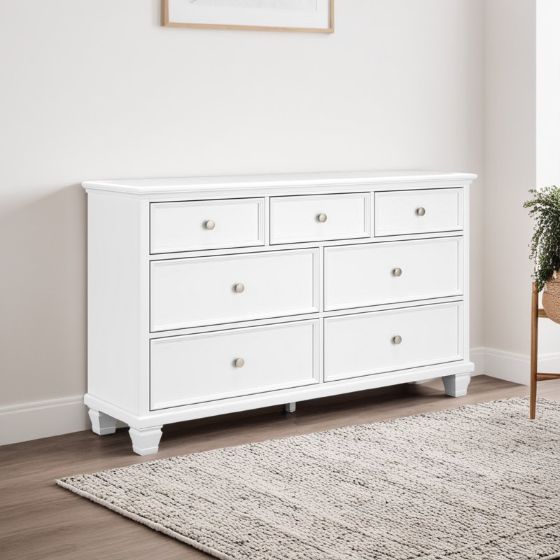 Commode large Heno, 7 tiroirs de rangement, poignées rondes en nickel, blanc