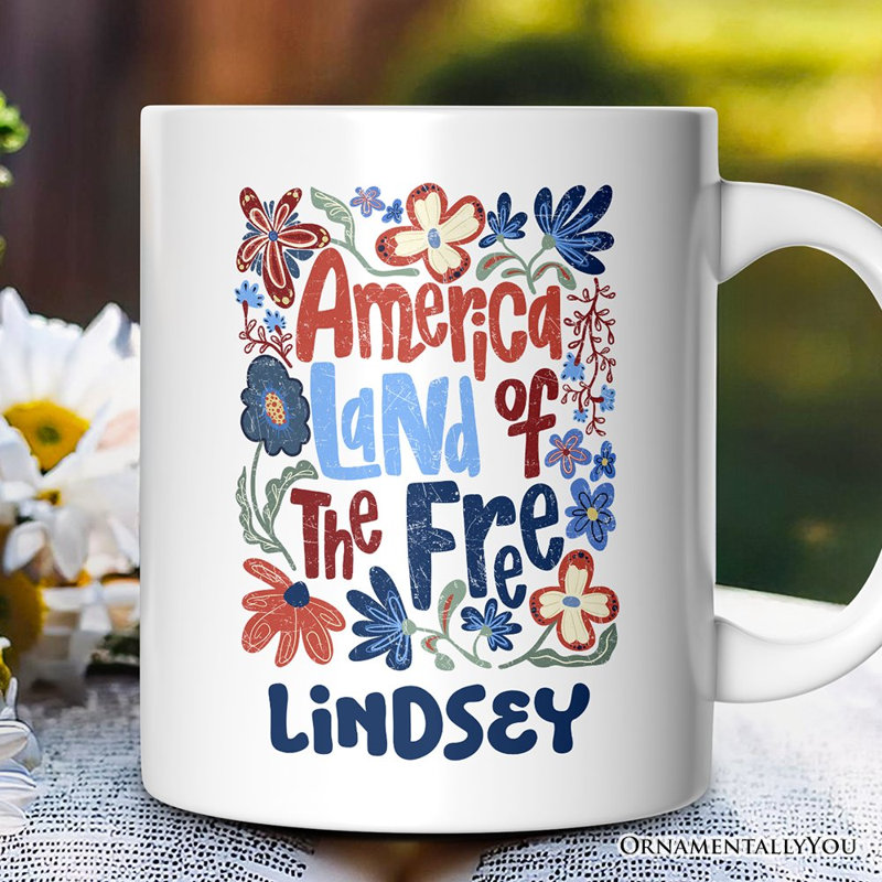 «America Land of the Free», cadeau rétro de la fête de l’Independance florale avec nom personnalisé