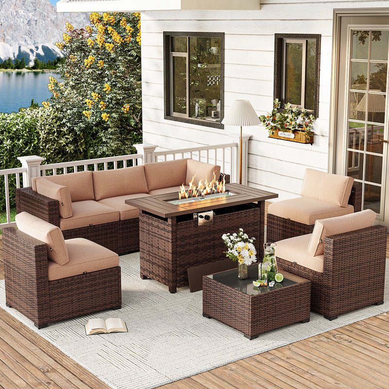 6-Person Wicker Patio Conversation Set With 44" Fire Pit Table, Coffee Table & Cushions, Beige, Brown