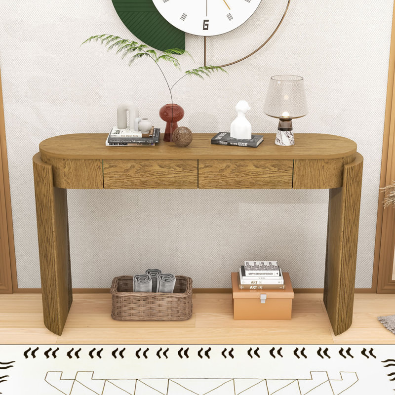 Elegant Oval Entryway Table with Wood Grain Finish and Storage, Pine Wood