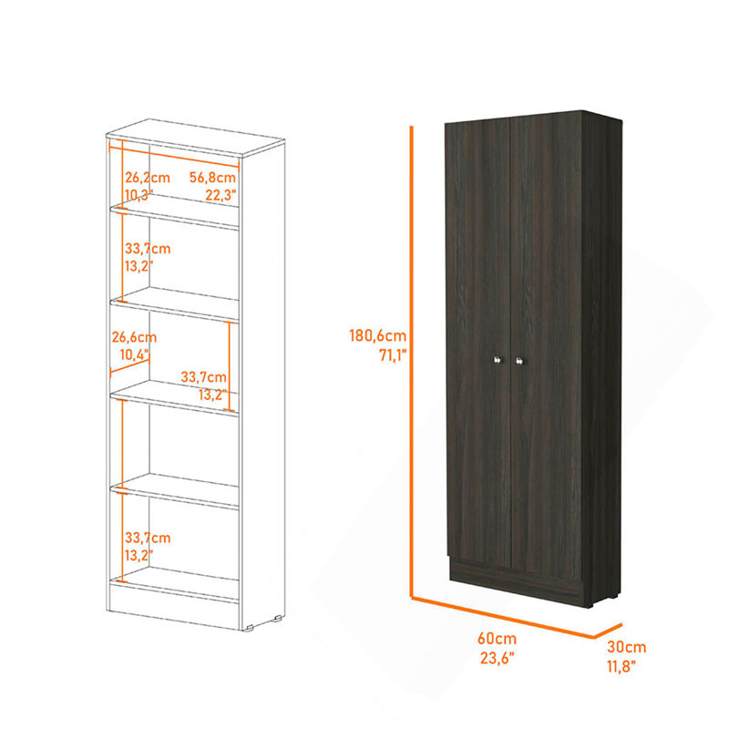 Armoire de rangement à deux portes Virginia, cinq tablettes, Brun