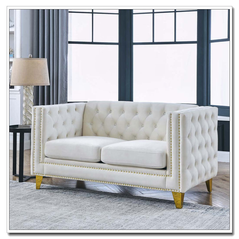 Canapé Chesterfield 2 places en velours avec garniture cloutée, L 58 po, Velours beige