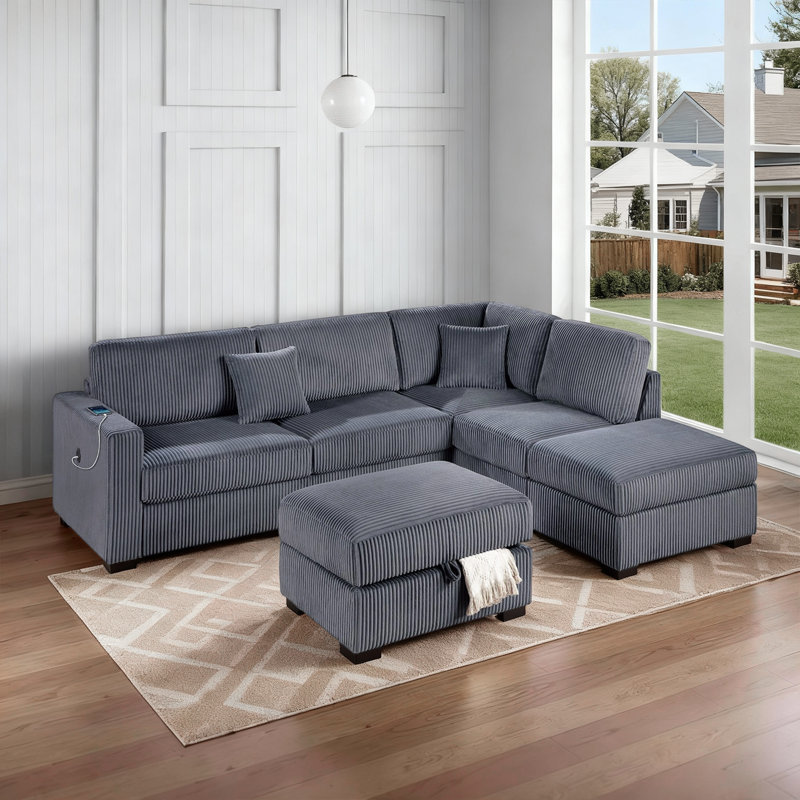 Canapé modulaire modulaire 3 pièces avec charge USB et repose-pieds avec rangement, Gris foncé
