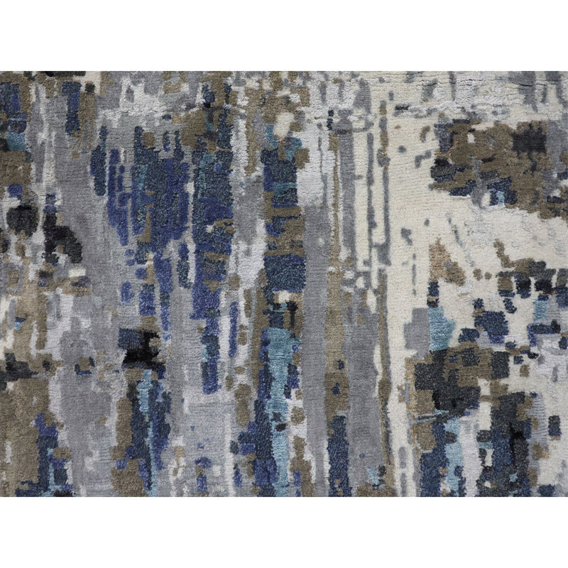 Tapis décoratif abstrait bleu 9 pi 9 po x 13 pi 9 po noué à la main new age