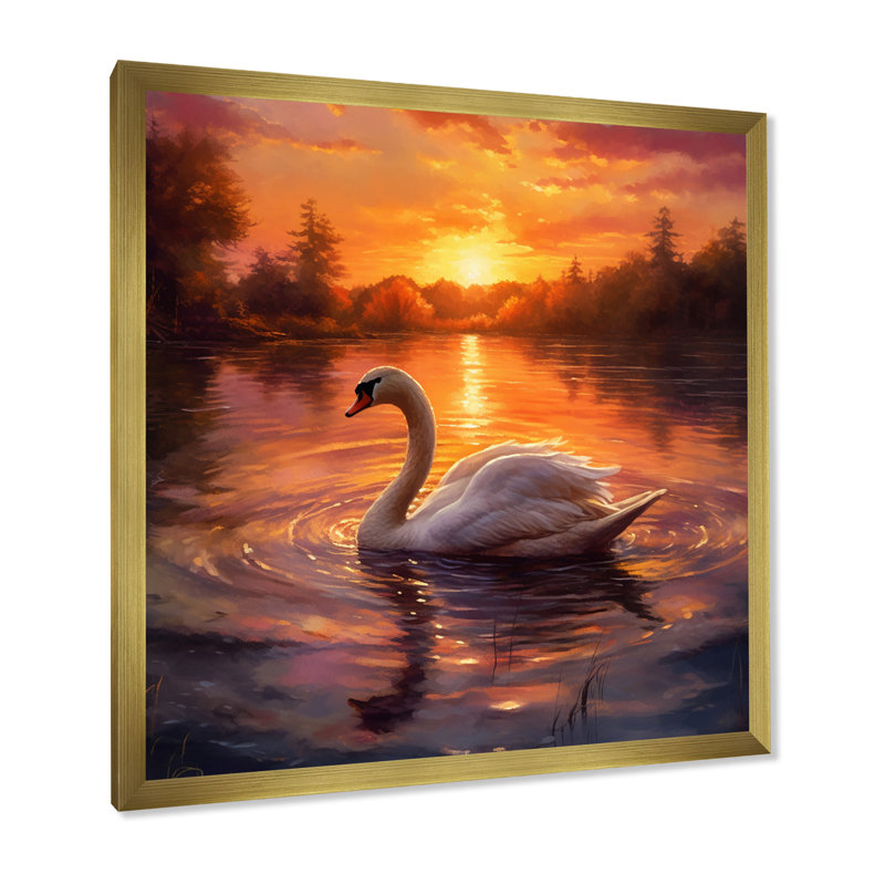 Cygne blanc, coucher de soleil romantique, H 30 po x l 30 po x P 1 po, Cadre doré à une seule photo