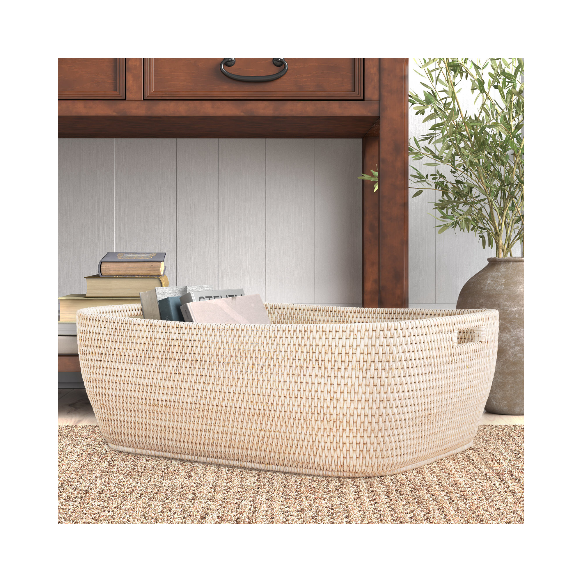 Handmade Coastal Decorative Basket 1, White Wash, 9" H x 26" W x 20" D
