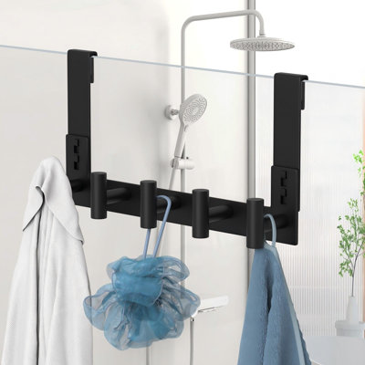 Crochets de porte de peignoir allongés, crochets à serviettes en acier inoxydable robustes pour portes de douche en verre sans cadre, support à serviettes, crochets de douche pour salle de bain (noir, 1 paquet)