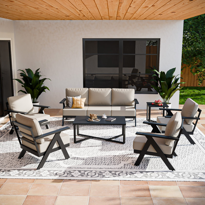 Ensemble de conversation pour patio 7 pièces, 2 chaises longues, canapé et tables, Beige