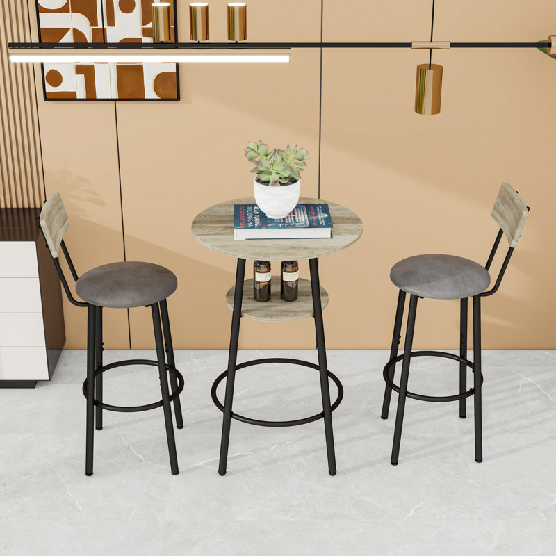 Round Bar Stool Set with Shelf and Upholstered Stools, Gray
