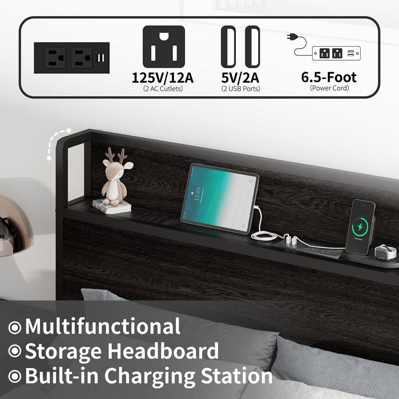 Lift Up Storage Wood Bed with Charging Station, Black, Full