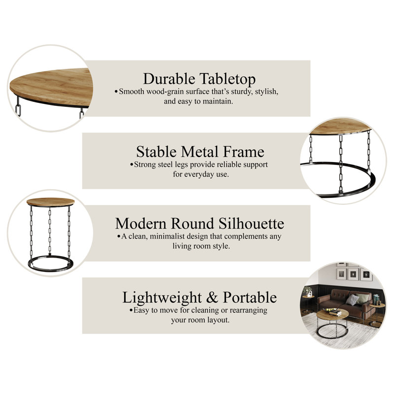 3 Pcs Metal Coffee Table Set in Light Oak, Light Oak