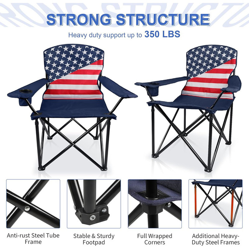 2 Pack Oversized Folding Camping Chairs For Adults – Padded Portable Lawn Chairs With Cup Holder, Heavy Duty Collapsible Outdoor Chairs For Camping, Fishing, Garden & Beach, 350 Lbs Capacity, American Flag Design