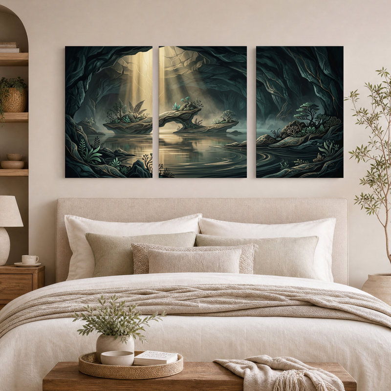 Ensemble de 3 toiles murales représentant un paysage fantastique de grotte baigné de rayons de soleil dorés