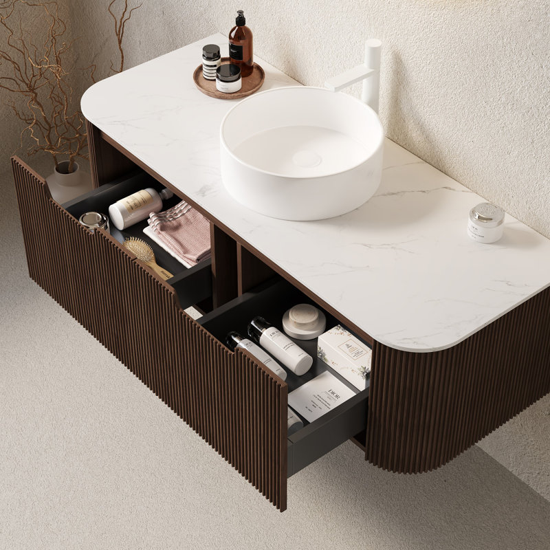 Meuble-lavabo de salle de bain mural avec tiroirs, pré-assemblé, Noyer foncé, 48"