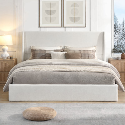 Lit plateforme King Size avec tête de lit à oreilles 211 x 208 x 129 cm (83,07 x 77,95 x 50,78 pouces) Contreplaqué, bois massif et MDF, lit plateforme monobloc, tête de lit rembourrée beige