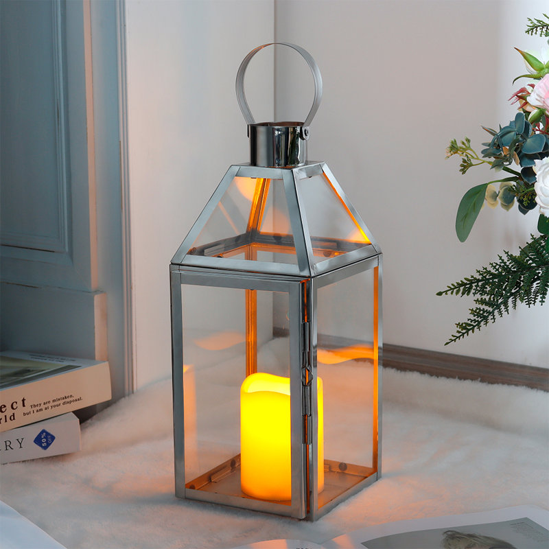 16'' H Metal Tabletop Lantern, Silver