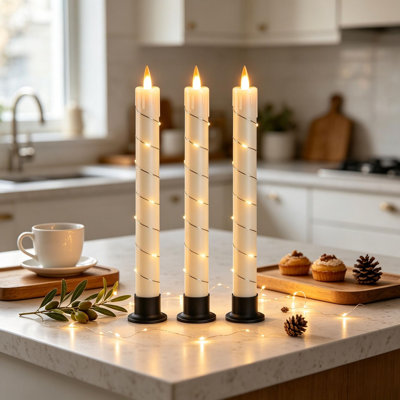 3 Pack LED Taper Candles with Fairy Lights, Realistic Moving Flame Flameless Candles, Plastic Heat Resistant Reusable Candles with Remote Control