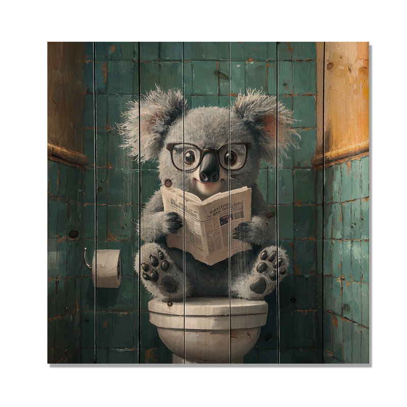 Koala avec lunettes dans la toilette II - Koala, décoration murale en bois animal - sur bois de pin naturel
