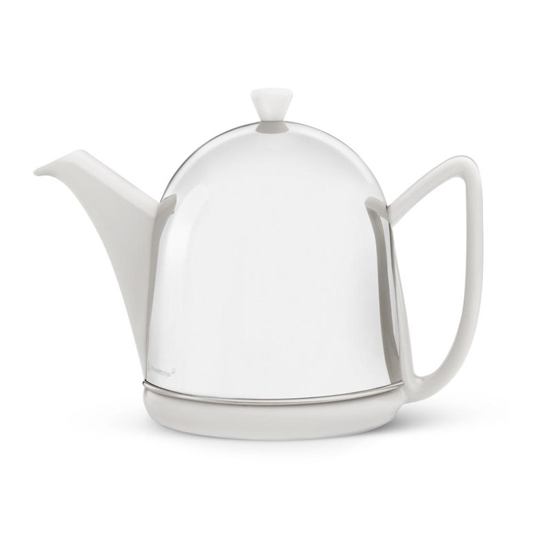 Théière en céramique / acier inoxydable Obryant, Argent avec poignée blanche, H 5,6 po x l 6,8 po x P 9,3 po