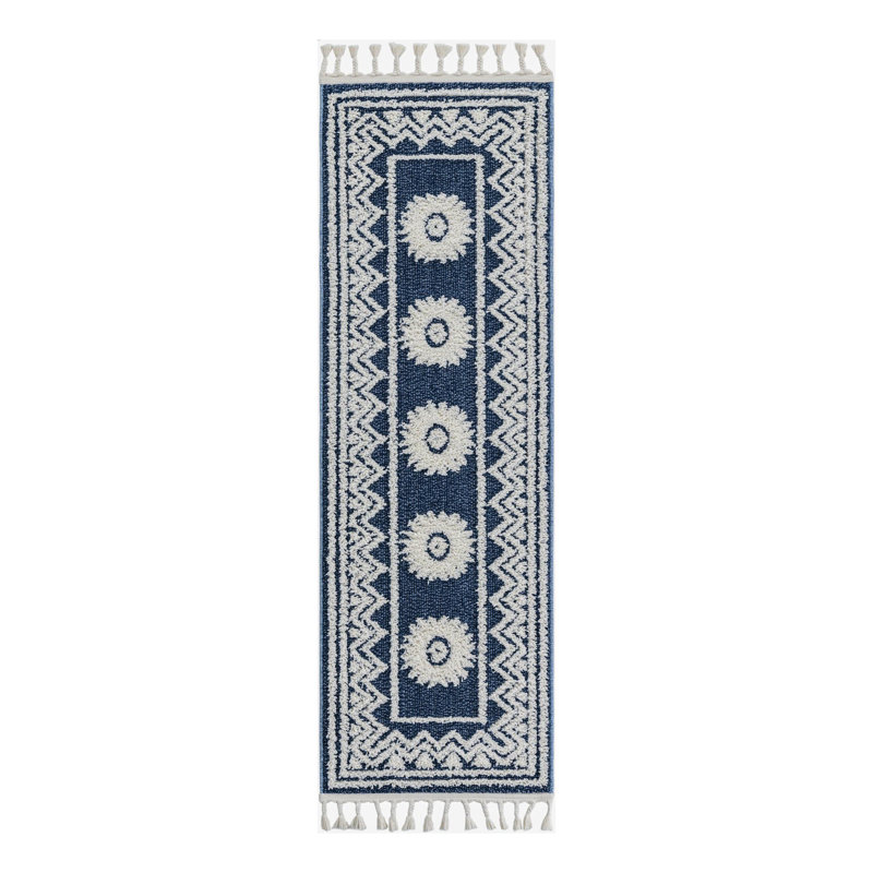 Matsue Geometric Machine Woven Polyester Area Rug in Blue, Runner 2' x 6'1"