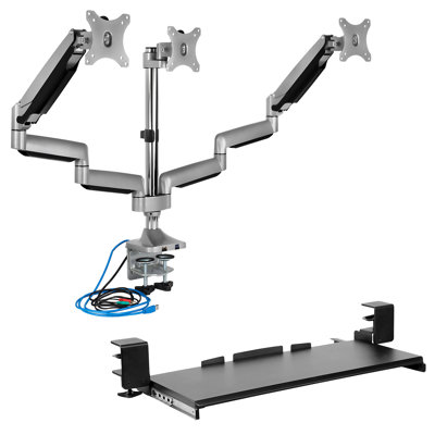 Support de bureau triple Mount-It avec USB, USB-C, ports audio et plateau de clavier sous le bureau