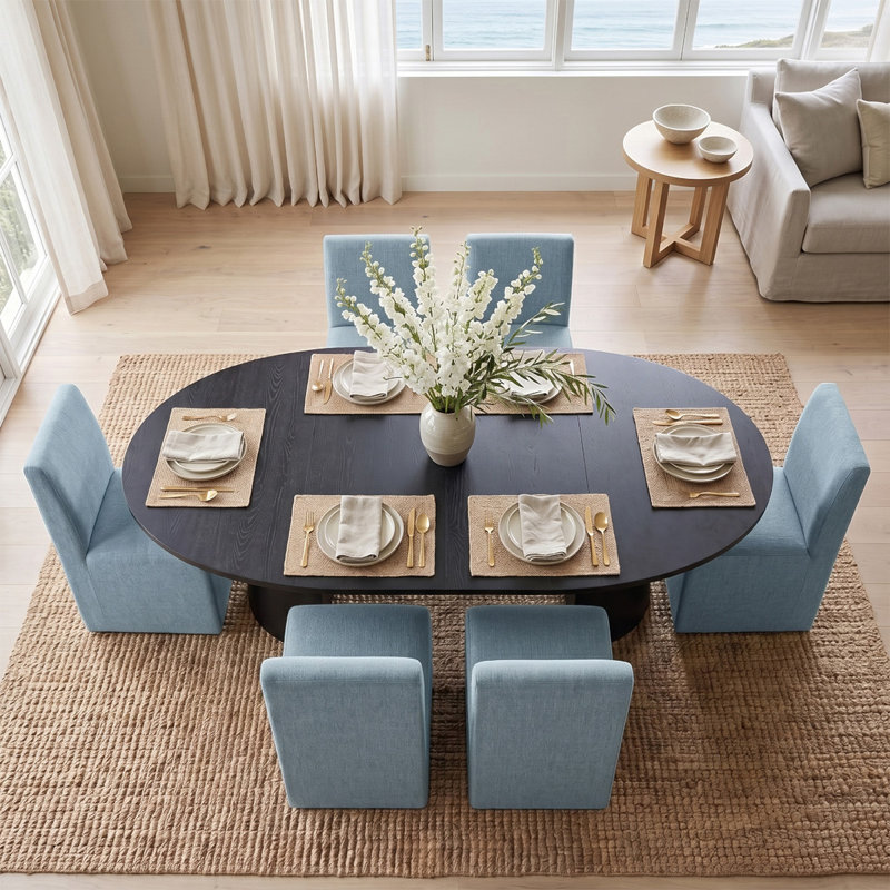 Ensemble de table de salle à manger extensible 47 "à 83" avec chaises en mélange de lin, 7 pièces : table, 6 chaises, Bleu