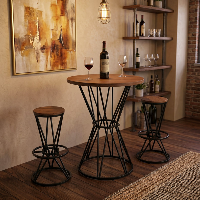 Ensemble de table de bar 31,5 po avec 2 tabourets, pub industriel moderne 3 pièces, base géométrique en métal pour petits espaces
