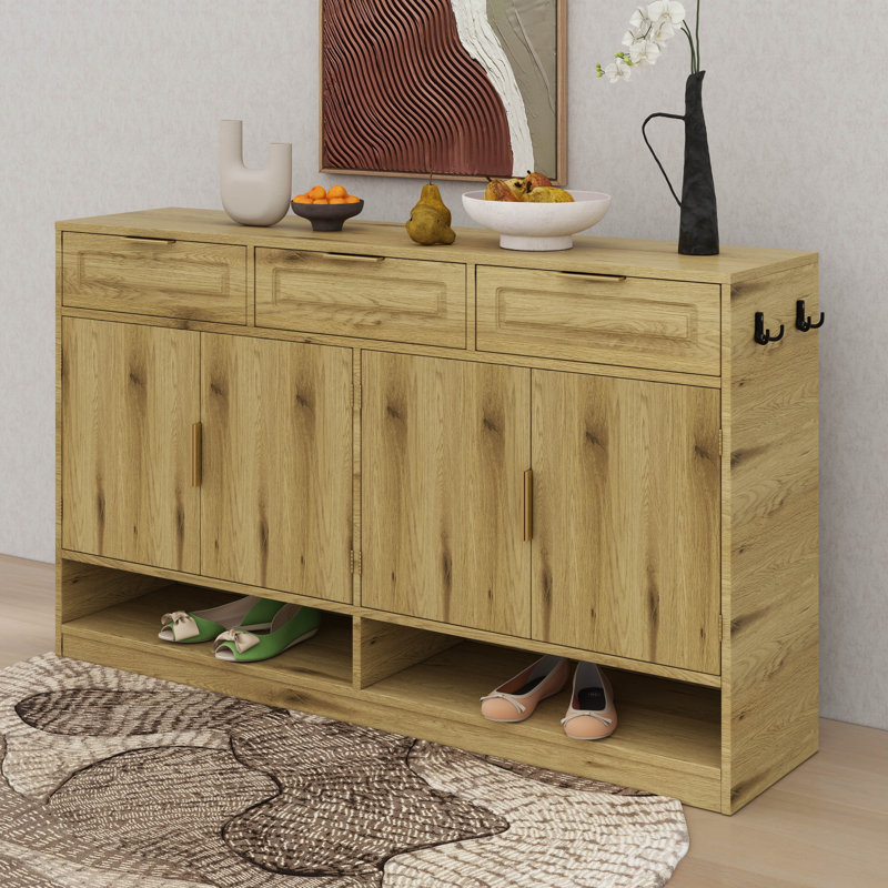 Buffet Farmhouse avec 3 tiroirs et 4 portes, buffet de rangement multifonctionnel avec tablette réglable et compartiments de rangement ouverts