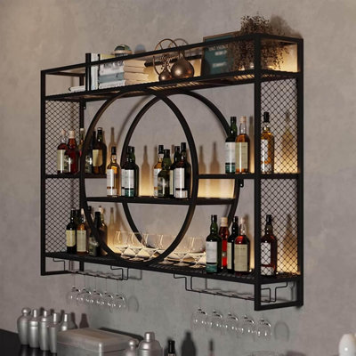 Metal Wine Rack Wall Mounted With LED Light, 3-Tier Bar Liquor Shelf With Wine Glass Holder, Modern Large Capacity Liquor Bottle Display Storage Shelf