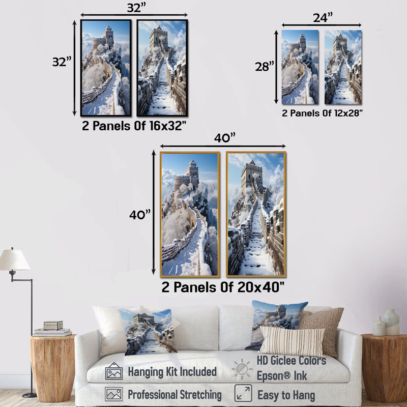«Great Wall Of China Winter Landscape I», ensemble de 2 reproductions d'art mural chinois, Cadre blanc, H 32 po x l 33 po