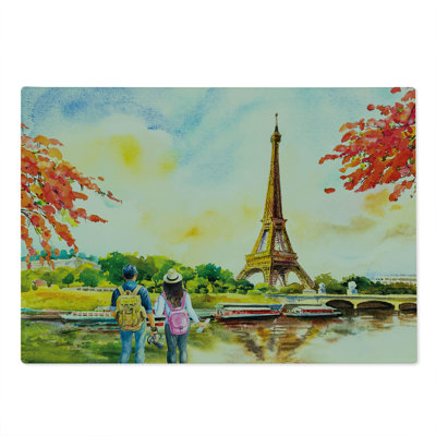 Ambesonne Travel Cutting Board Large Size Couple Watching Eiffel Tower Multicolor