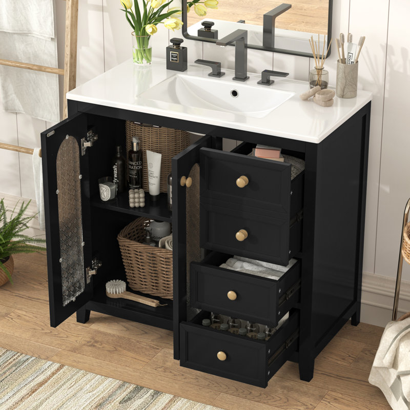 Meuble-lavabo simple 36 po avec comptoir en céramique, Noir