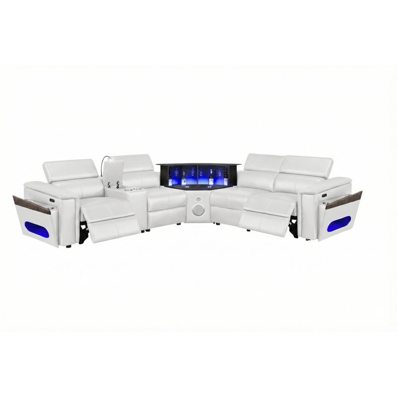L-shaped White 4 Sectional, Faux Leather Upholstery, Wood Frame, Medium-firm Seat, 2 Power , Manually Adjustable Headrests, Wireless Charging Pad, Ports, Speaker, Led-lit Bar, Armrest Storage 4