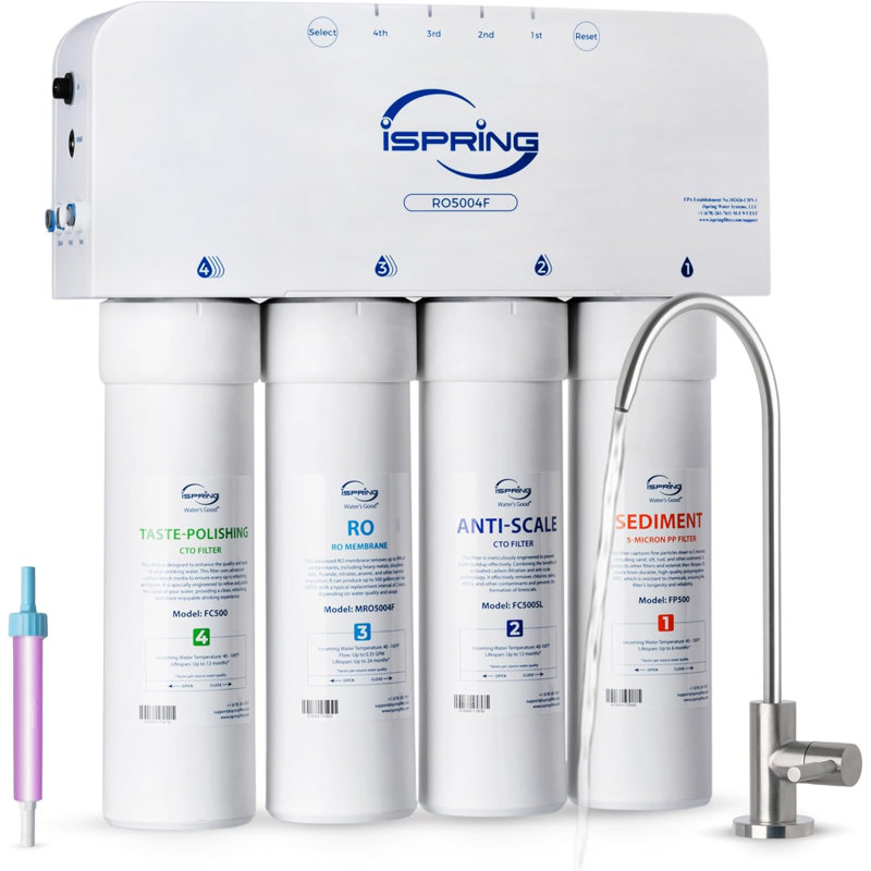iSpring RO5004F Reverse Osmosis Water Filter with UV, 500 GPD RO System Under Sink, 2:1 Pure to Drain, Tankless RO Water Filtration System with Boost Pump, Filter Life Monitor, Reduces PFAS, TDS, Lead, Arsenic