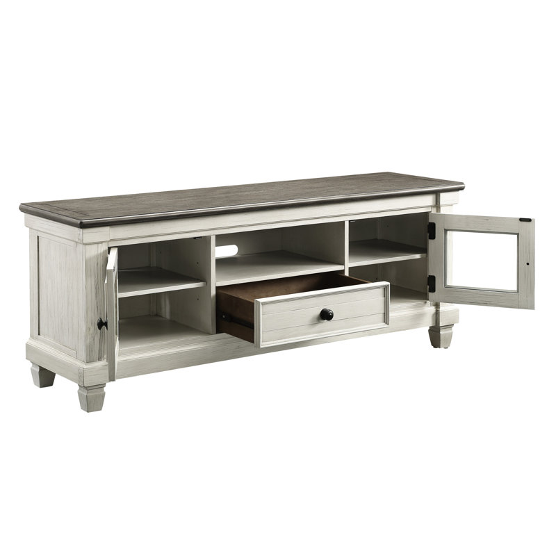 Meuble télé console Living Space, blanc antique et brun rosé, avec tiroir de rangement, hauteur 127-150 cm, en bois