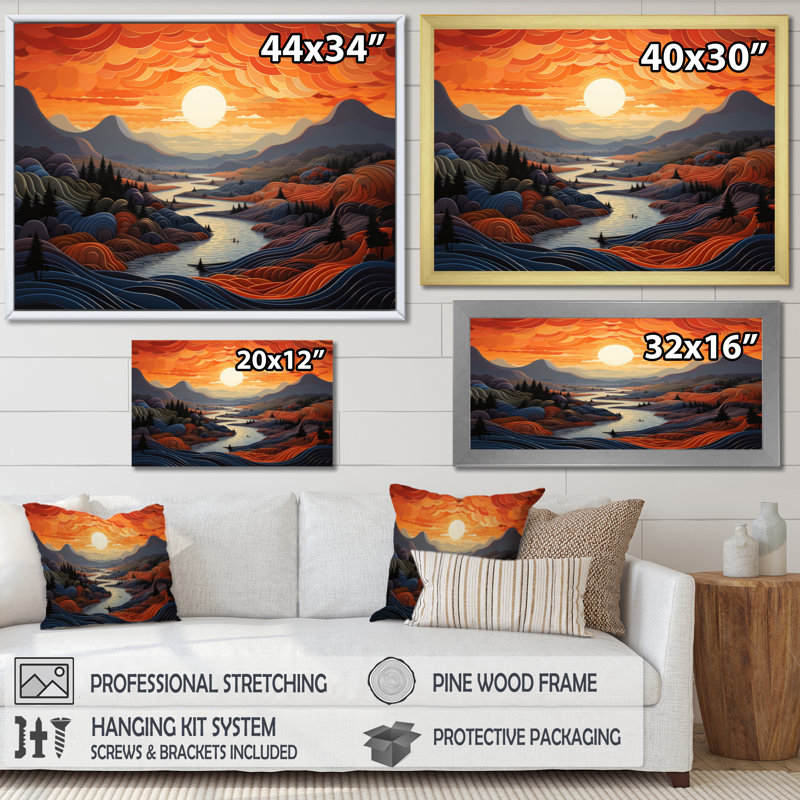 " Teal Bold Rhythmic Illusion Landscape I ", Black Picture Framed, 34" H x 44" W x 1.5" D