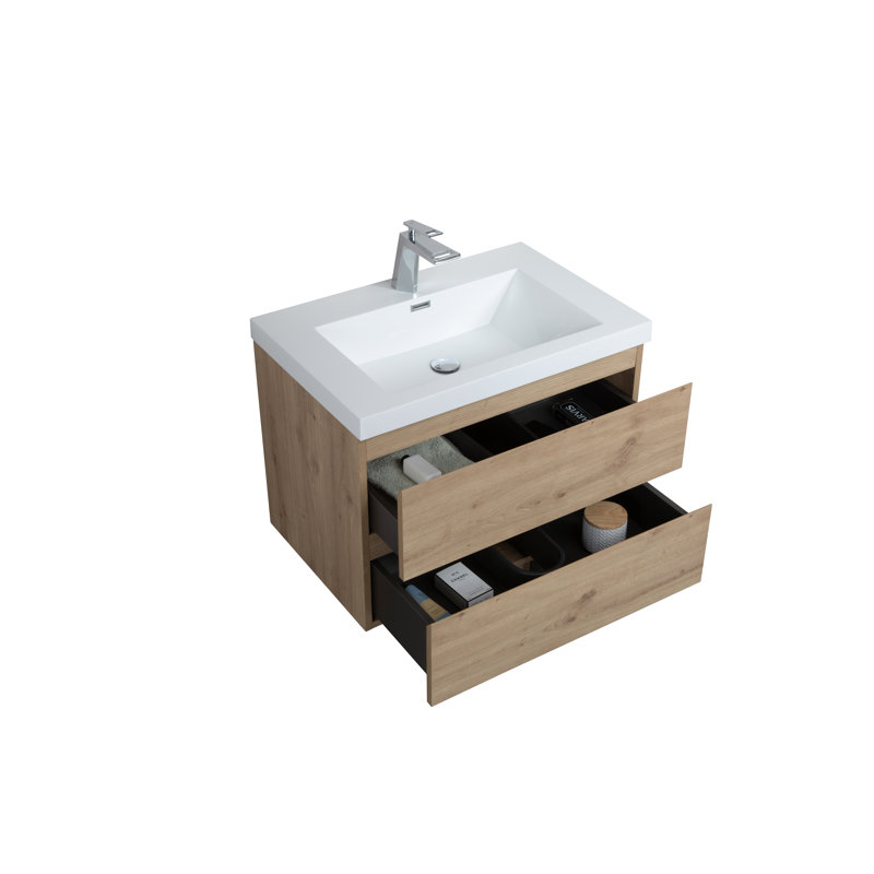  Angela 30 inch Fully Assembled Single Floating Bathroom Vanity with Solid Surface Sink, Ash Oak