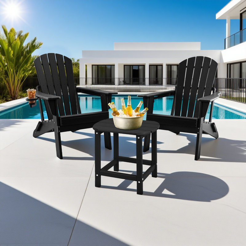 3-Piece Folding Adirondack Chairs With Side Table, HDPE Plastic Outdoor Chairs With Cup Holder- 400Lbs & Weather Resistant For Fire Pit, Deck, Patio, Pool, Backyard