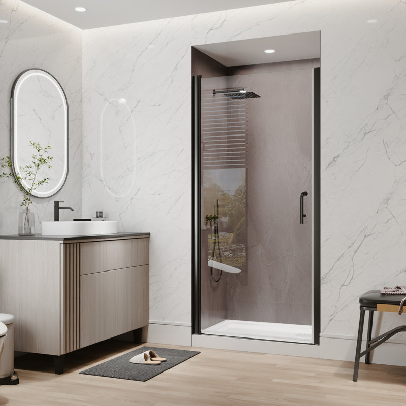 36"-38"W X 72"H Semi-Frameless 180° Rotatable Pivot Shower Door With 1/4 Inches Tempered Glass, Matte Black