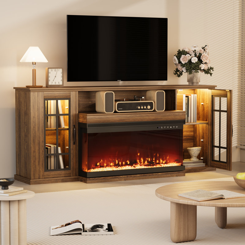 70" TV Stand for TVs up to 80" with Fireplace Included, Walnut Grain 