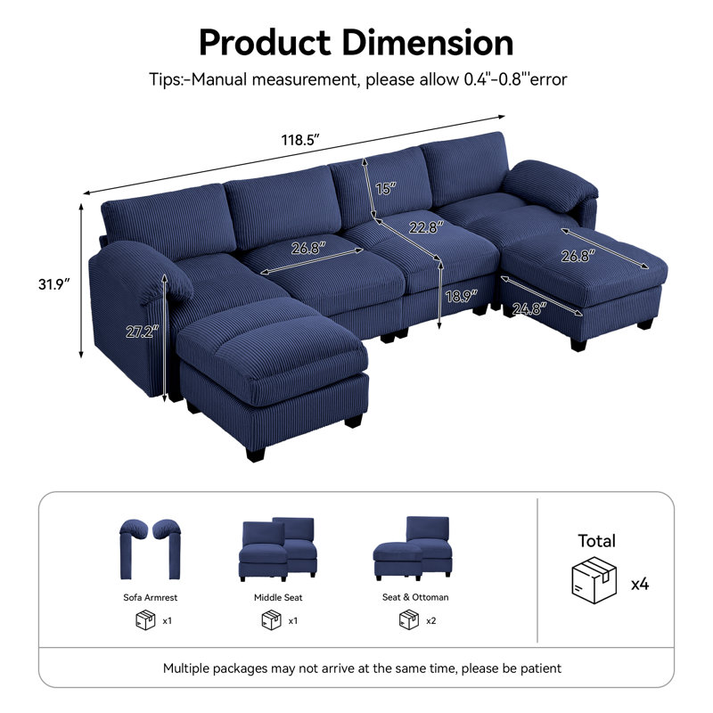 Canapé modulaire 6 places avec 2 repose-pieds, Chenille bleu