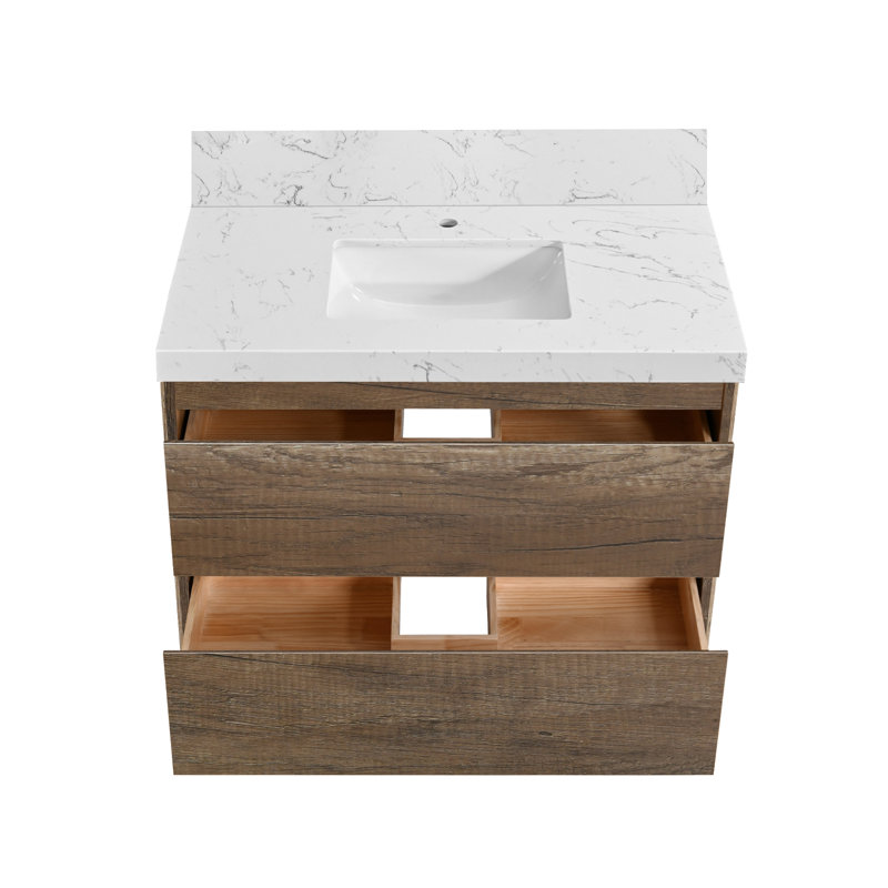 Meuble-lavabo mural de 36 pouces avec tiroirs flottants muraux en pierre reconstituée avec lavabo, Brun, 36"