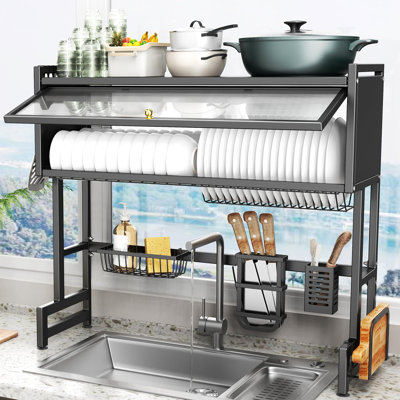 Over The Sink Dish Drying Rack 3 Tiers with Lid Stainless Steel Kitchen Organizer for Dishes Bowls Cutlery Sink