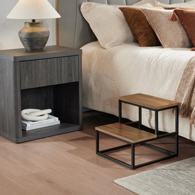 Axel Modern Industrial Two-Step Utility Stool with Black Metal Frame and White Wood Steps for Kitchen, Pantry, Closet, Laundry Room, or Living Room – Compact Folding Design for Easy Storage - Brown