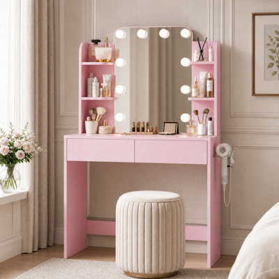 Meuble-lavabo de 31,5 po de largeur, miroir à DEL avec 3 modes d'éclairage, prise de courant et support pour sèche-cheveux pour petites filles