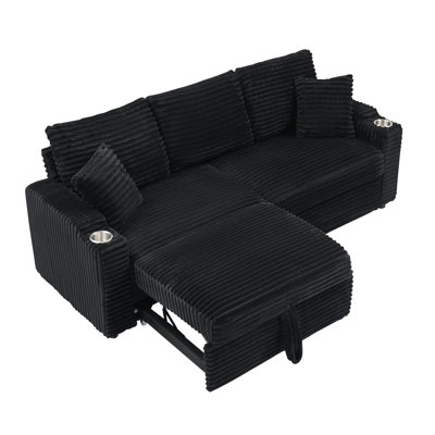 Cordelia Corduroy Convertible Sleeper Sofa With Pull-Out Chaise And Integrated Tea Tray