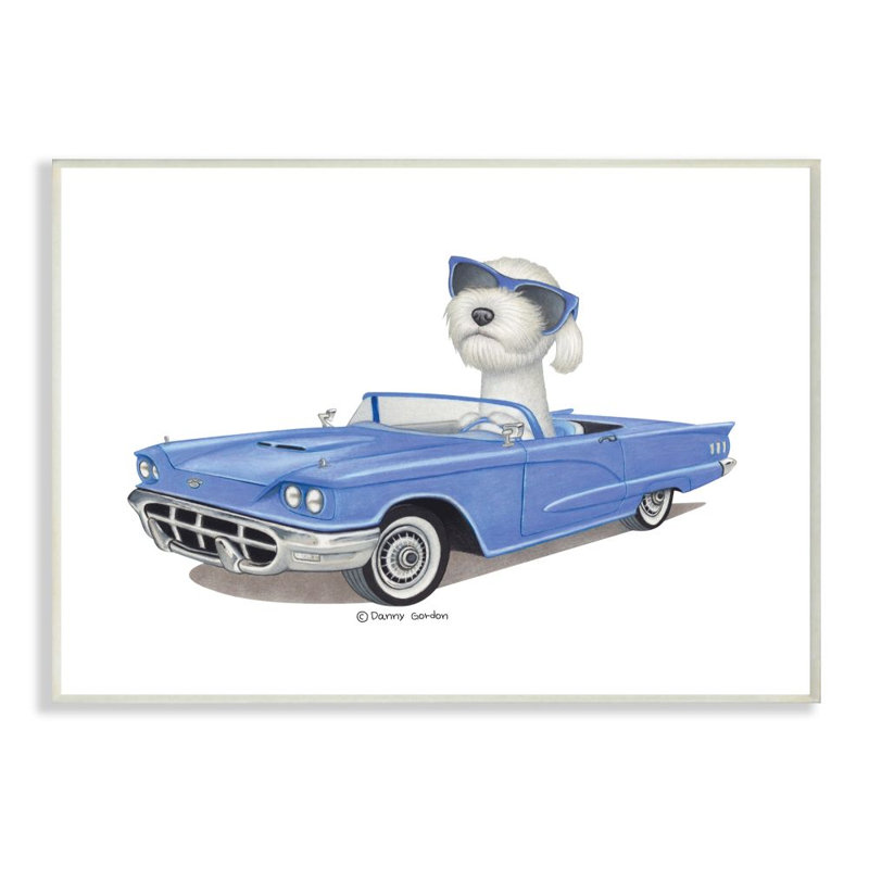 "Chien avec lunettes de soleil en bleu convertible" par Danny Gordan - Impression sur toile, Plaque murale
