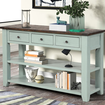 Console 48 po en pin massif, 3 tiroirs et 2 tablettes, plateau rétro bleu + brun, pour les meubles d'entrée - brun, tiroirs, tablettes, couloir