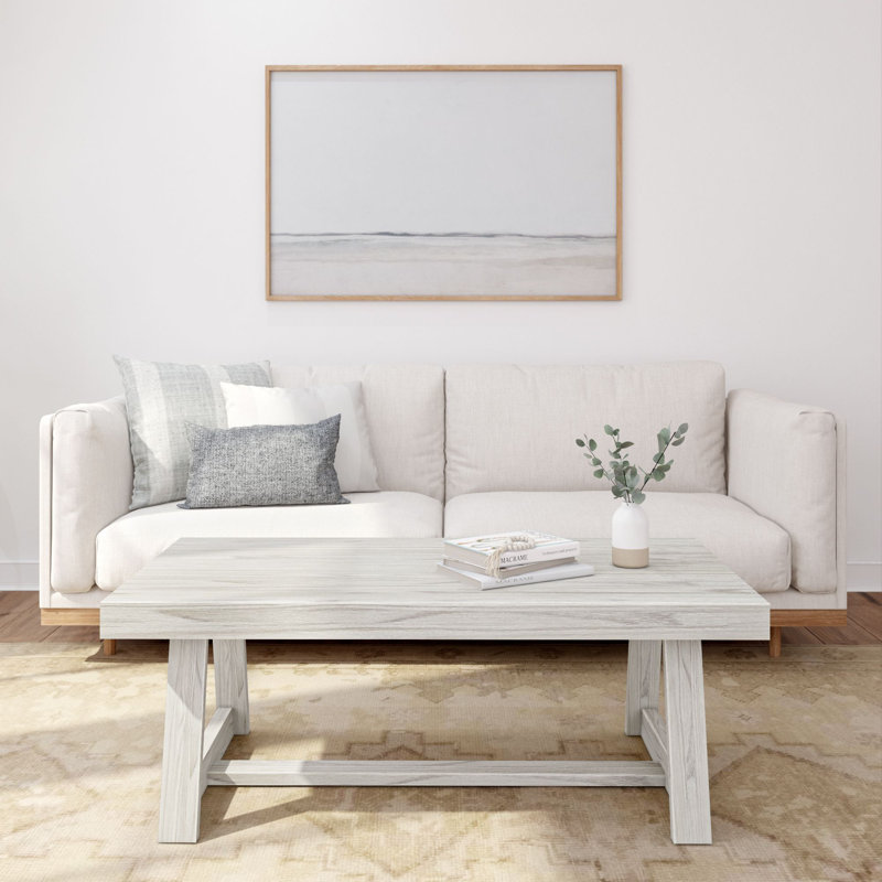 Cathelyne Solid Wood Single Coffee Table, 17.5" H x 48" L x 24" W, White Sand Wirebrush