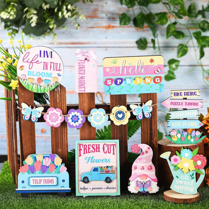Spring Tiered Tray Decor Sets, Hello Spring Wood Sign Farmhouse Decor Tiered Tray Decorations, Cute Flowers Tulip Gnome Rustic Decorations For Home Kitchen Table Decor